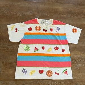 Vintage Michael Simon Lite Fruit Embroidered Tee | Colorful Striped | Large